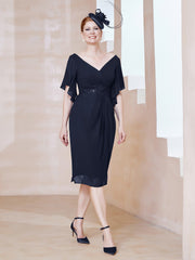 Robe en Mousseline à Col en V Orné de Strass Bleu Marine Grande Taille