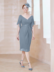 Robe en Mousseline à Col en V Orné de Strass Bleu Poudré