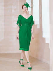 Robe en Mousseline à Col en V Orné de Strass Emeraude