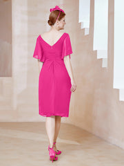 Robe en Mousseline à Col en V Orné de Strass Fuchsia