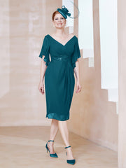 Robe en Mousseline à Col en V Orné de Strass Bleu Encre Grande Taille