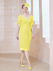 Robe en Mousseline à Col en V Orné de Strass Citron Grande Taille