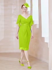 Robe en Mousseline à Col en V Orné de Strass Vert Citron