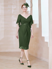 Robe en Mousseline à Col en V Orné de Strass Olive Verte