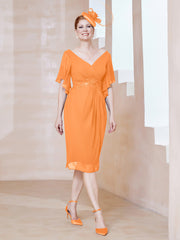 Robe en Mousseline à Col en V Orné de Strass Orange