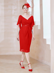 Robe en Mousseline à Col en V Orné de Strass Rouge