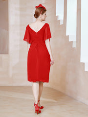 Robe en Mousseline à Col en V Orné de Strass Rouge
