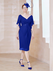 Robe en Mousseline à Col en V Orné de Strass Bleu Royale Grande Taille