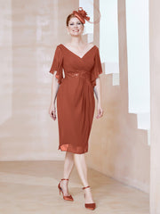 Robe en Mousseline à Col en V Orné de Strass Rouille