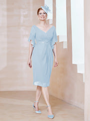 Robe en Mousseline à Col en V Orné de Strass Bleu Ciel