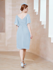 Robe en Mousseline à Col en V Orné de Strass Bleu Ciel