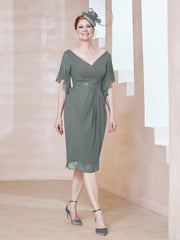 Robe en Mousseline à Col en V Orné de Strass Gris Acier Grande Taille