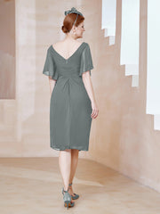 Robe en Mousseline à Col en V Orné de Strass Gris Acier