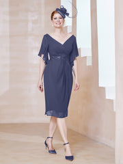 Robe en Mousseline à Col en V Orné de Strass Orageux