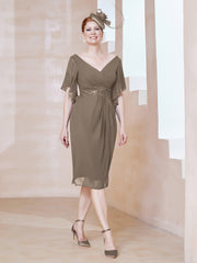 Robe en Mousseline à Col en V Orné de Strass Taupe