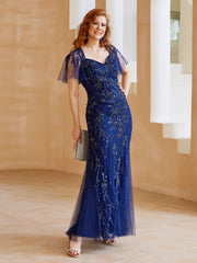Robe en Tulle et Dentelle Longueur au Sol à Col en V avec Paillettes Bleu Marine Clair