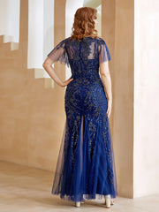 Robe en Tulle et Dentelle Longueur au Sol à Col en V avec Paillettes Bleu Marine Clair