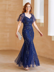 Robe en Tulle et Dentelle Longueur au Sol à Col en V avec Paillettes Bleu Marine Clair