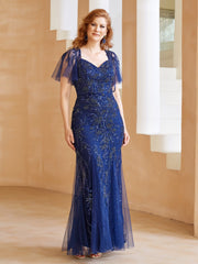 Robe en Tulle et Dentelle Longueur au Sol à Col en V avec Paillettes Bleu Marine Clair