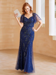 Robe en Tulle et Dentelle Longueur au Sol à Col en V avec Paillettes Bleu Marine Clair Grande Taille