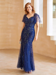 Robe en Tulle et Dentelle Longueur au Sol à Col en V avec Paillettes Bleu Marine Clair