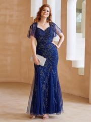 Robe en Tulle et Dentelle Longueur au Sol à Col en V avec Paillettes Bleu Marine Clair