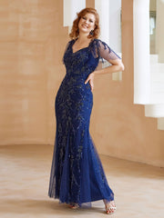 Robe en Tulle et Dentelle Longueur au Sol à Col en V avec Paillettes Bleu Marine Clair