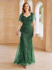 Robe en Tulle et Dentelle Longueur au Sol à Col en V avec Paillettes Vert Foncé Grande Taille