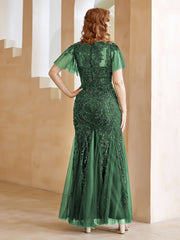 Robe en Tulle et Dentelle Longueur au Sol à Col en V avec Paillettes Vert Foncé