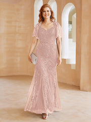 Robe en Tulle et Dentelle Longueur au Sol à Col en V avec Paillettes Rose Poudré