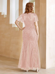 Robe en Tulle et Dentelle Longueur au Sol à Col en V avec Paillettes Rose Poudré Grande Taille