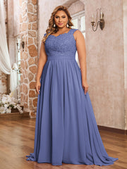 Robe Appliquée et Perlée avec Col en Cœur Pervenche Grande Taille