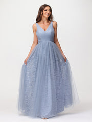 Robes Col en V Doublure en Dentelle et Tulle Bleu Poudré