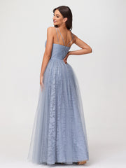 Robes Col en V Doublure en Dentelle et Tulle Bleu Poudré