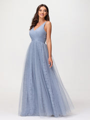 Robes Col en V Doublure en Dentelle et Tulle Bleu Poudré