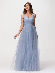 Robes Col en V Doublure en Dentelle et Tulle Bleu Poudré