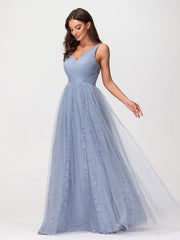 Robes Col en V Doublure en Dentelle et Tulle Bleu Poudré