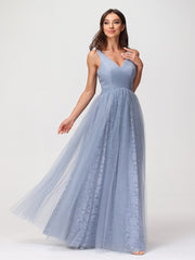 Robes Col en V Doublure en Dentelle et Tulle Bleu Poudré