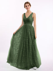 Robes Col en V Doublure en Dentelle et Tulle Olive Verte