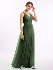 Robes Col en V Doublure en Dentelle et Tulle Olive Verte