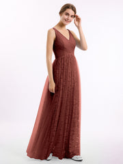 Robes Col en V Doublure en Dentelle et Tulle terracotta Grande Taille