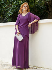 Robe Perlée Longueur au Sol avec Manches Flottantes à Col en V Raisin Grande Taille