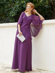 Robe Perlée Longueur au Sol avec Manches Flottantes à Col en V Raisin Grande Taille