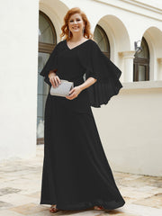Robe Perlée Longueur au Sol avec Manches Flottantes à Col en V Noir