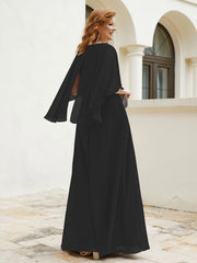 Robe Perlée Longueur au Sol avec Manches Flottantes à Col en V Noir Grande Taille