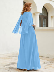 Robe Perlée Longueur au Sol avec Manches Flottantes à Col en V Bleu