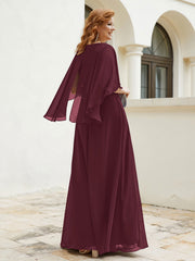 Robe Perlée Longueur au Sol avec Manches Flottantes à Col en V Cabernet