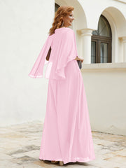 Robe Perlée Longueur au Sol avec Manches Flottantes à Col en V Rose Bonbon Grande Taille