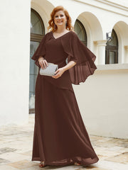 Robe Perlée Longueur au Sol avec Manches Flottantes à Col en V Chocolat Grande Taille