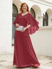 Robe Perlée Longueur au Sol avec Manches Flottantes à Col en V Cannelle Rose